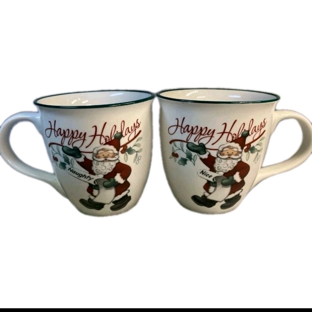 Pfaltzgraff Winterberry Naughty & Nice Happy Holidays Mugs TWO-Large 20 Oz, NIB!